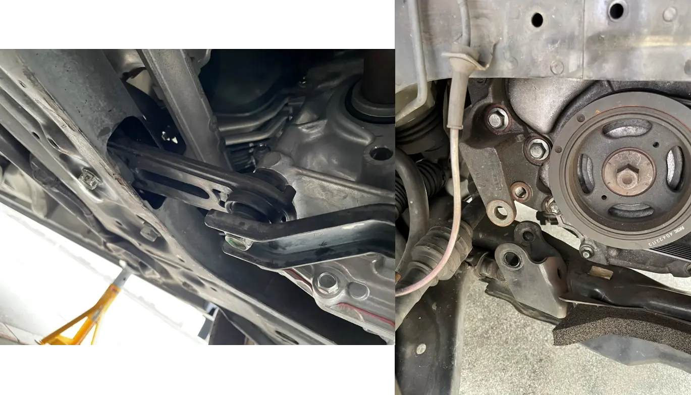 左側は車体の下で、右側は右前輪タイヤの内側